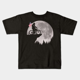 Bigfoot Riding BIke American Flag Kids T-Shirt